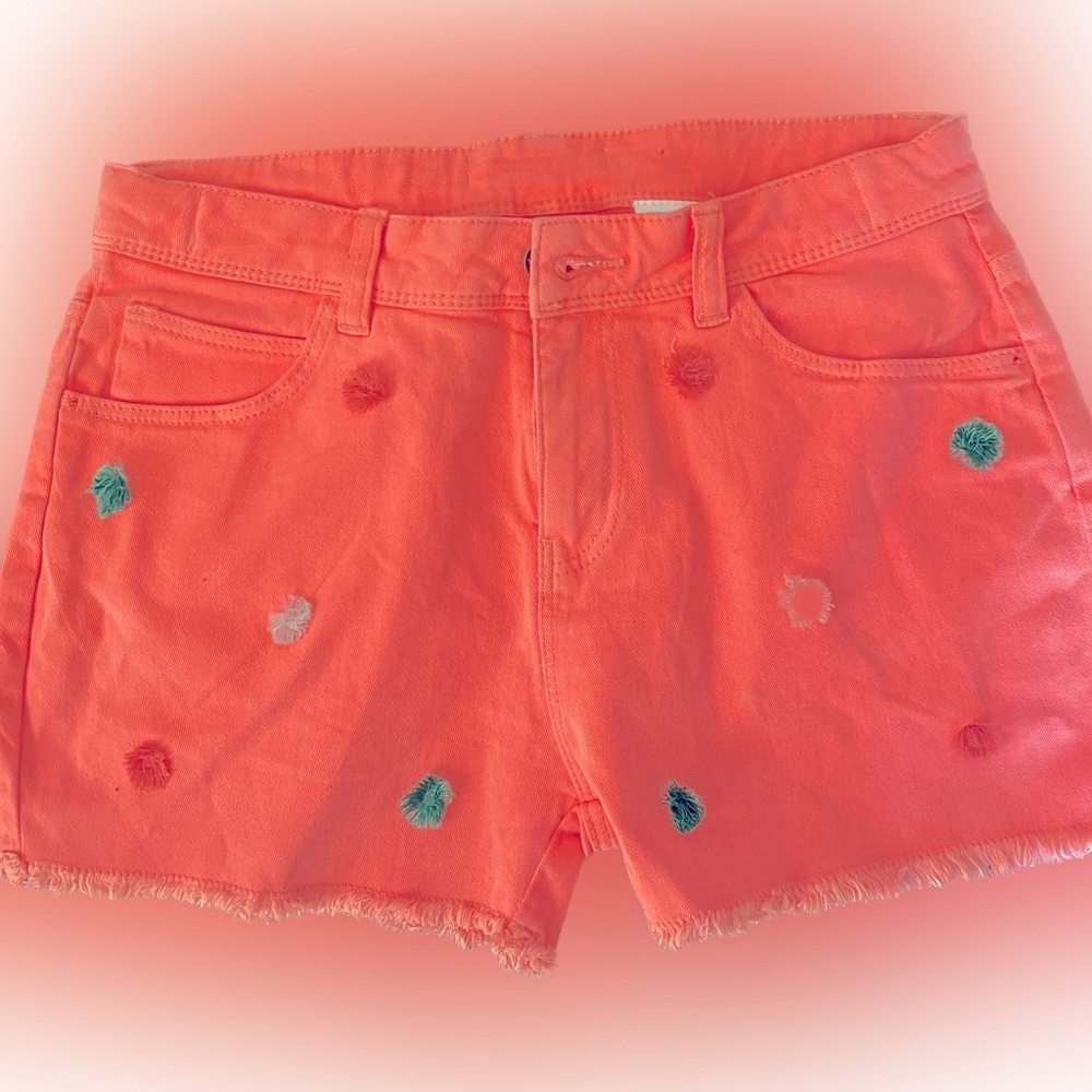 Child's Shorts Neon Pink/Orange with color puff detail.